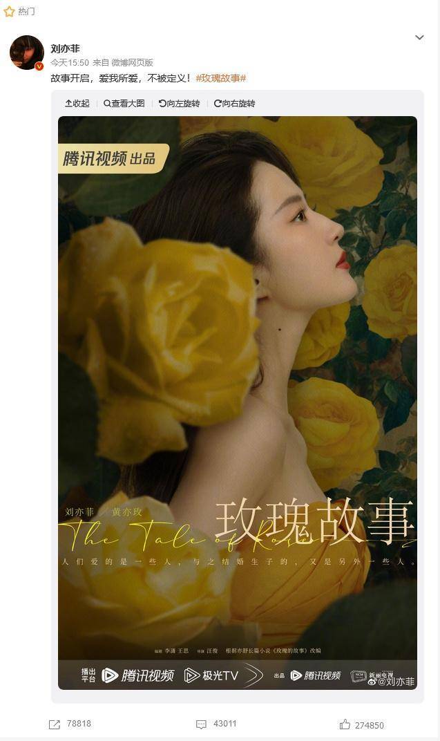 刘亦菲新剧玫瑰故事海报，搭档霍建华、林更新、彭冠英，上演1女N男3段爱情 