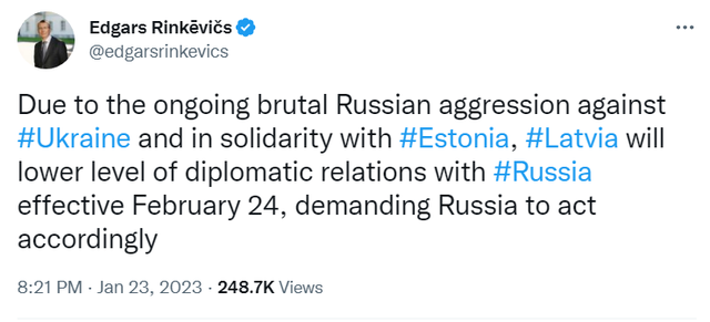 拉脱维亚宣布降低与俄外交关系级别 决定于2月24日生效