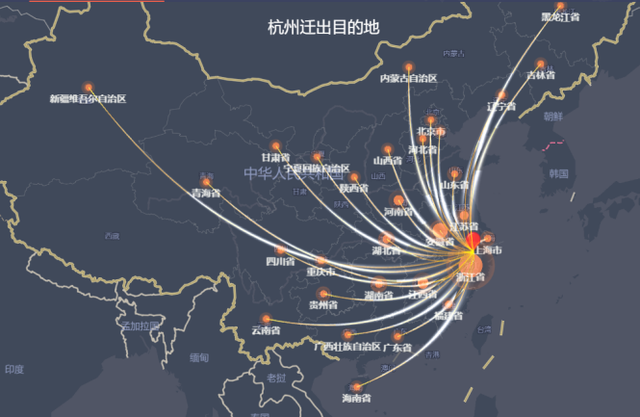 1月25日，杭州迁出目的地主要省份。图自百度迁徙地图
