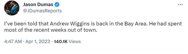 维金斯被曝已回到湾区 近几周基本都在外地，科尔相信缺少他也能夺冠