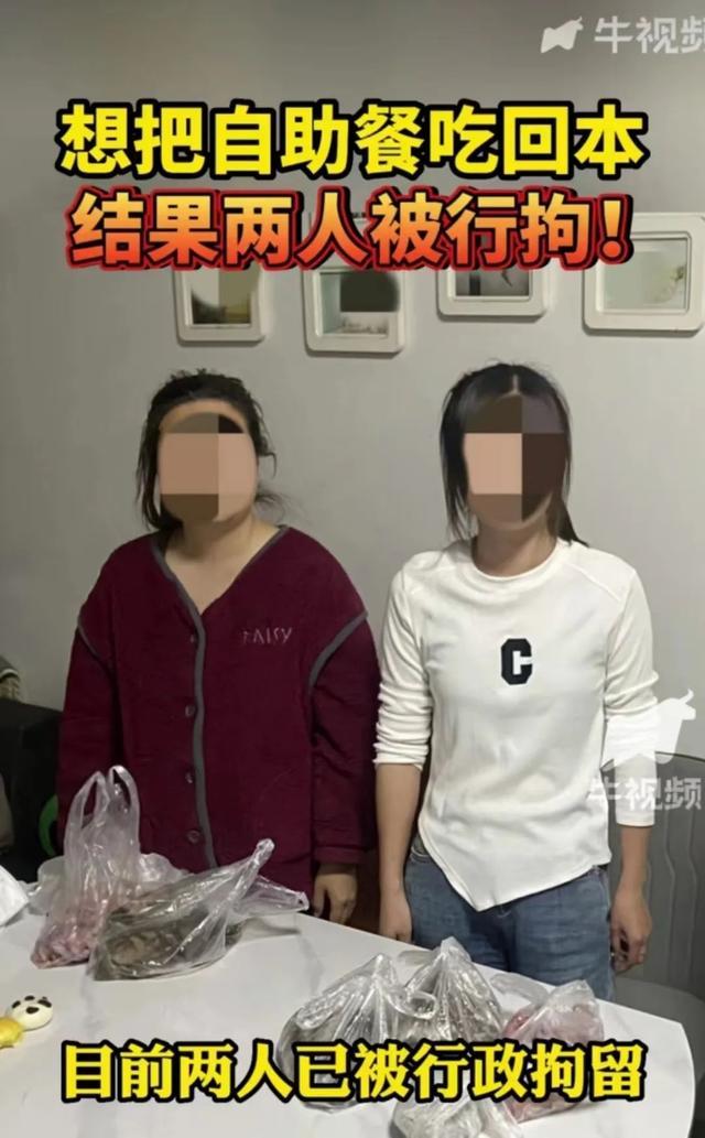 两女子吃自助餐为回本 偷偷打包400元食材被行拘！网友：带走的比吃的都多吧！