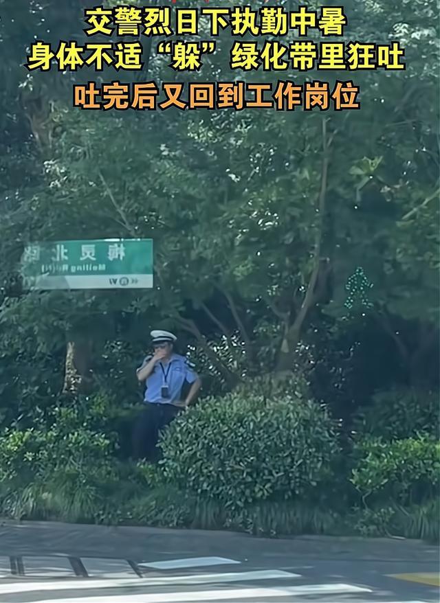 交警酷暑执勤呕吐仍坚守 网友：深受感动