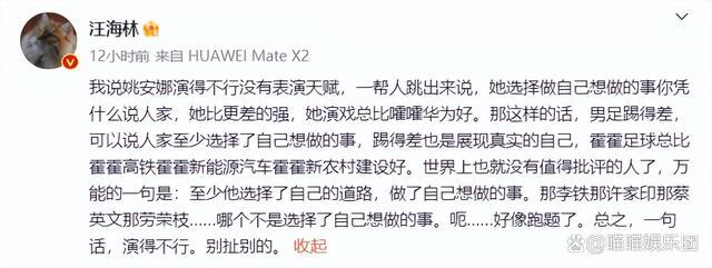 汪海林：演得不好还说好是害姚安娜 评论区脏话连篇，一点脸面不留