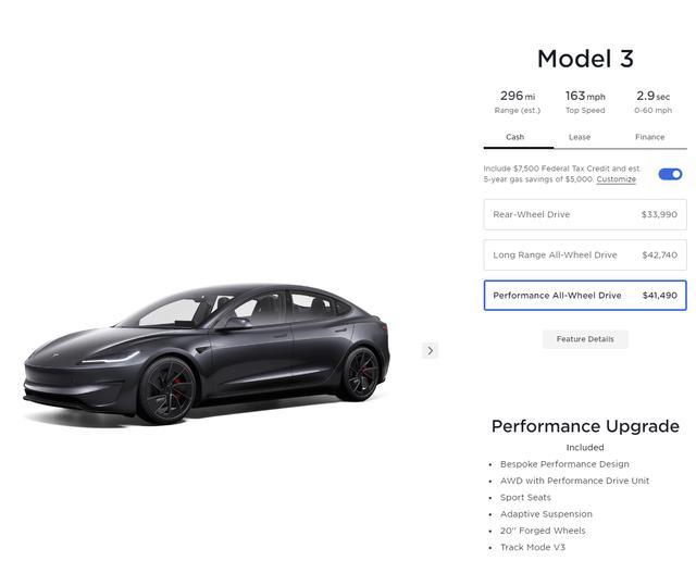 特斯拉美国Model 3高性能版涨价 配置升级&价格微调