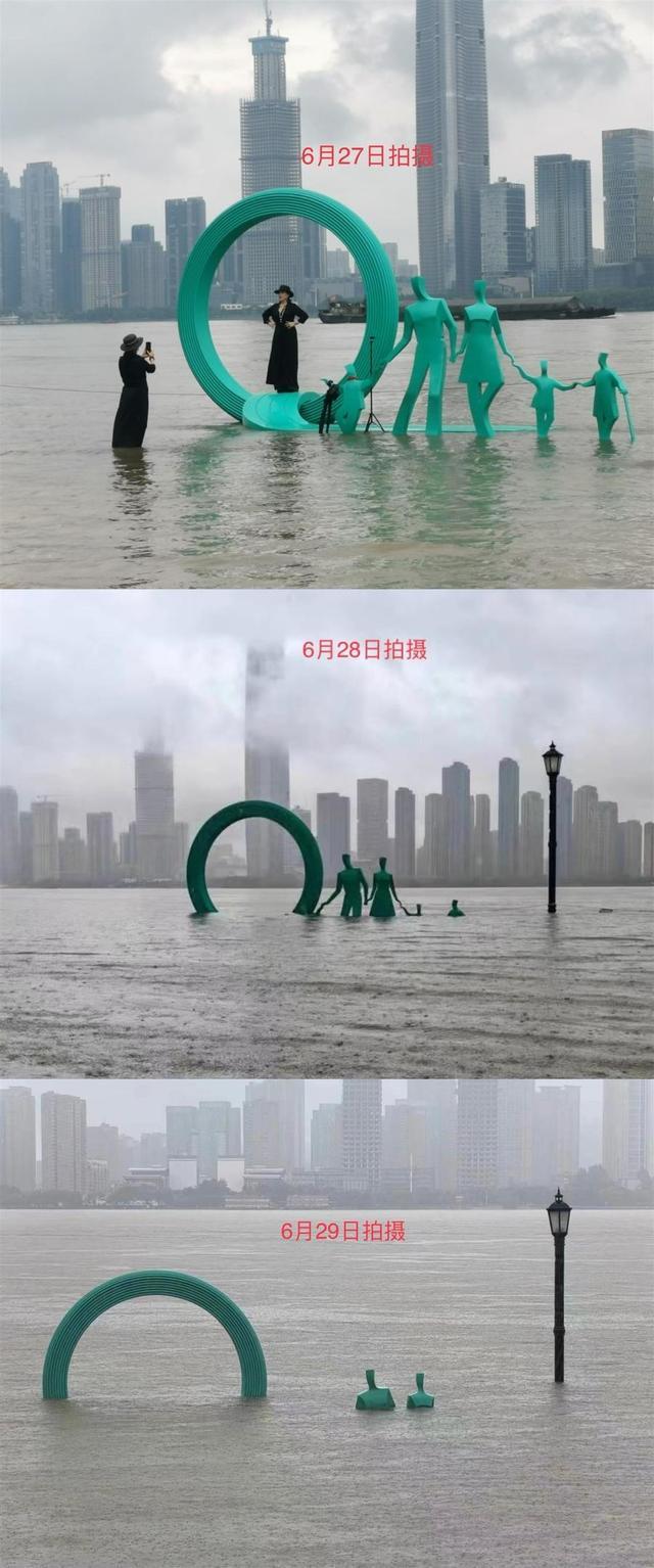 武汉暴雨 江滩雕塑一家五口变两口