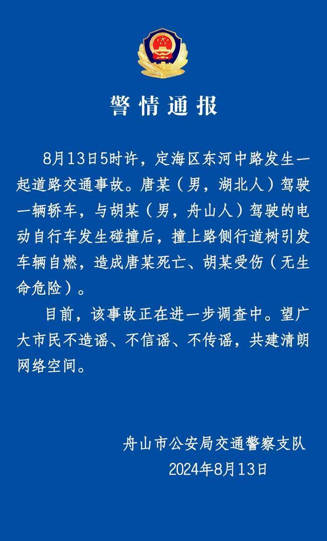 保时捷与电动车碰撞后撞树自燃 警方通报详情