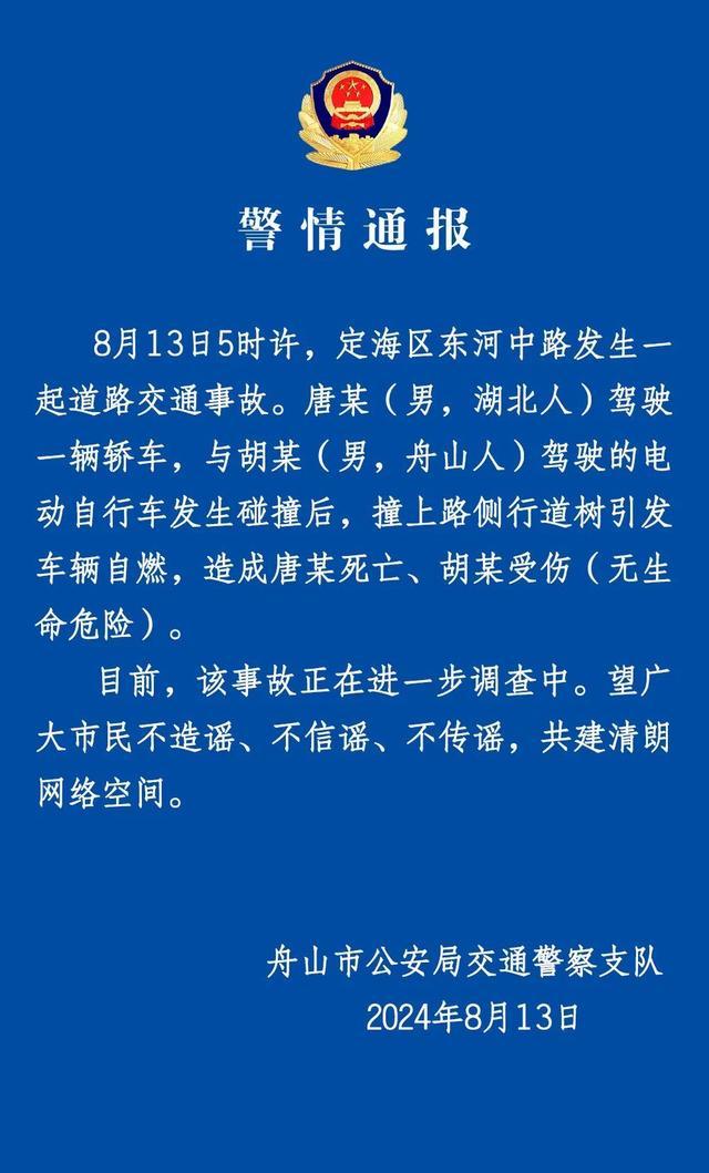 保时捷与电动车碰撞后撞树起火车主死亡 事故原因待查