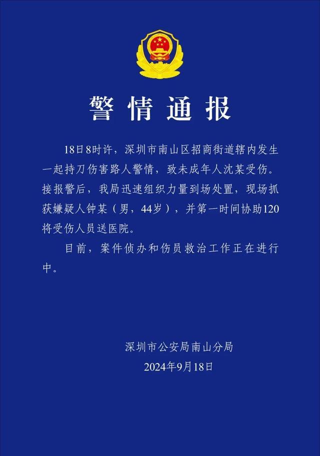 警方通报男子持刀伤害路人 未成年人受害，嫌疑人已抓获