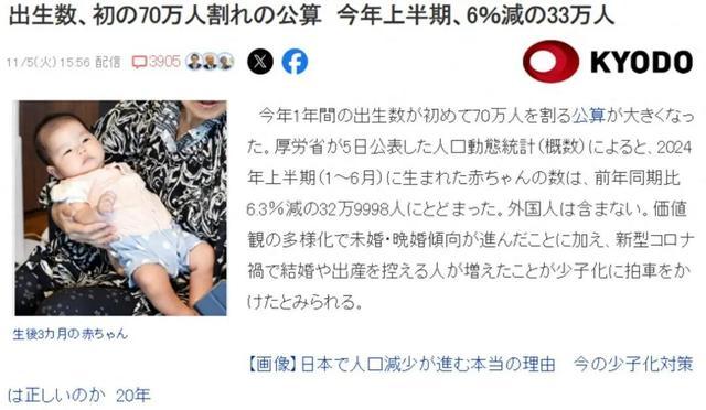 日本政府：预计今年日本出生人口首次跌破70万