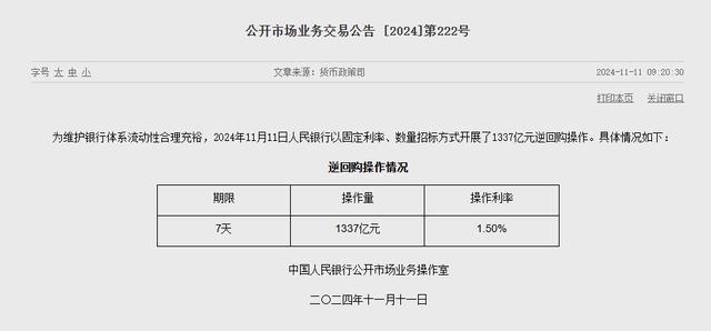 央行进行1337亿逆回购操作 维护流动性合理充裕