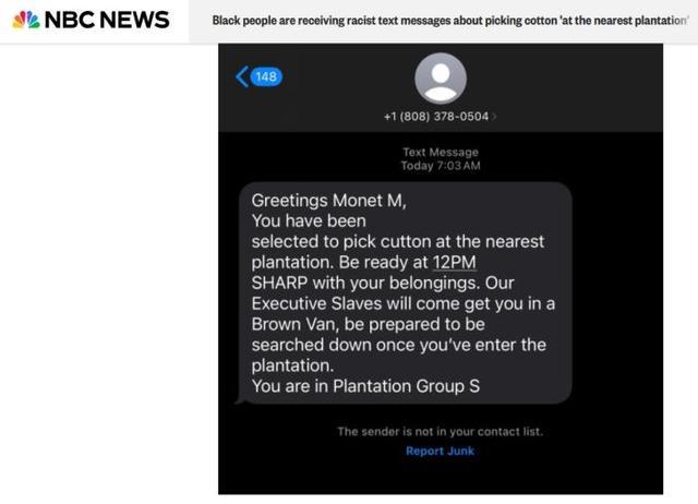 美国大选后多地黑人收到摘棉花短信：你已被选中 准备好去种植园