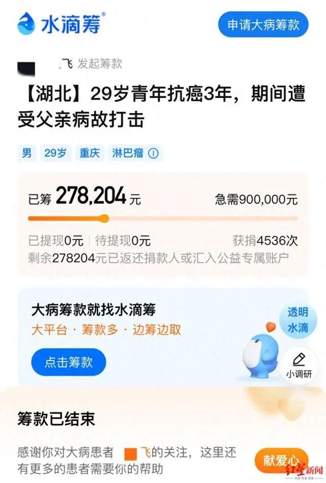 29岁抗癌男子筹款5天后晒新房 平台回应：善款全部退还