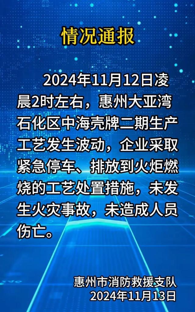 官方回应惠州大亚湾火光冲天