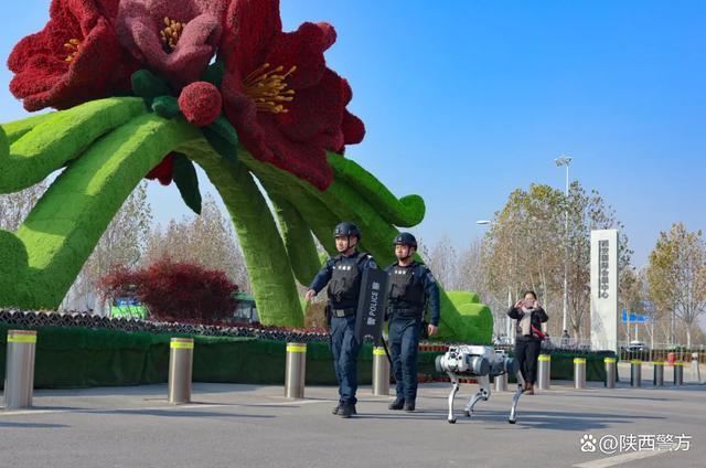 机器狗与旅游警察景区内巡逻引围观