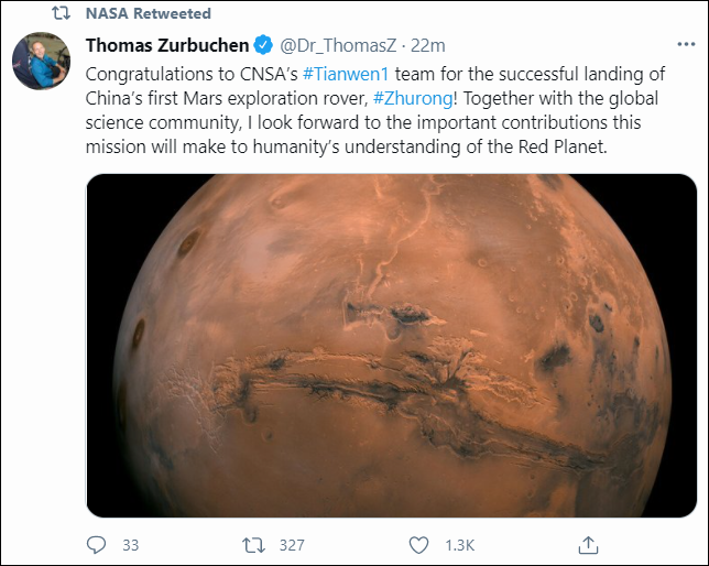 天问一号成功登陆火星 美媒：这是中国的加冕时刻