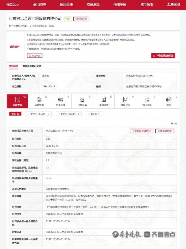 未按要求提报书面材料且拒不改正,山东冶金设计院被罚