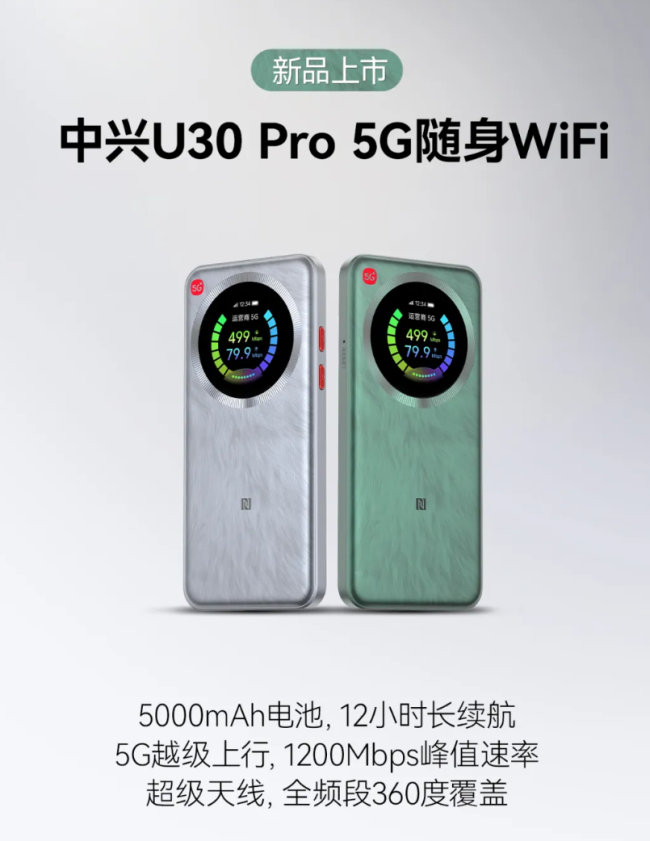 中兴发布 U30 Pro 5G 随身 WiFi：内置贴片 SIM 卡，自带状态显示屏