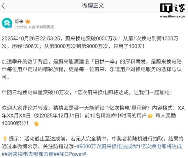 蔚来换电突破 9000 万次,日均换电单量突破 10 万次