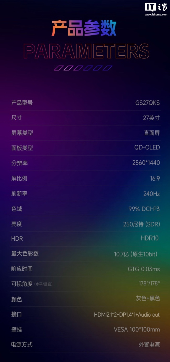 HKC“GS27QKS”27 英寸显示器开售:2K 240Hz QD-OLED、原生 10-Bit 色彩,首发价 1999 元