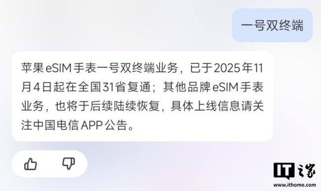 中国电信 Apple Watch 一号双终端 eSIM 业务复通：需 iOS 26.1 设备，其他品牌智能手表后续恢复