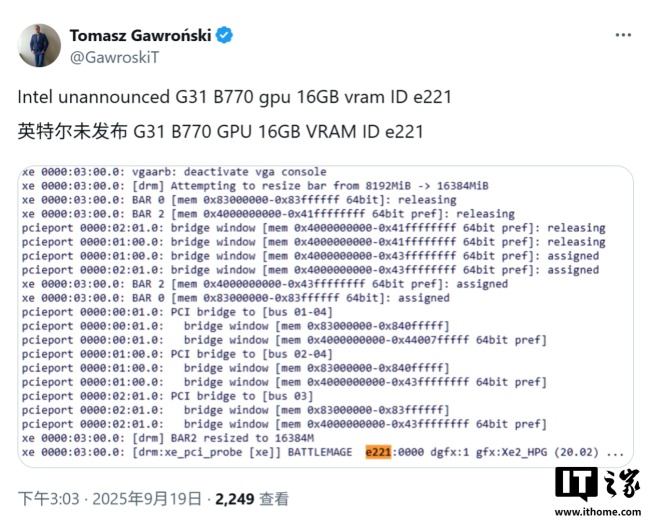 英特尔 Battlemage BMG-G31 再现踪迹：16GB 显存，预估为 Arc B770 显卡
