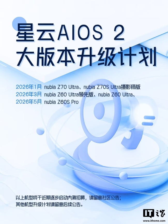 努比亚星云 AIOS 2 大版本升级计划发布,2026 年 1 月起向 Z70 Ultra 等机型推送