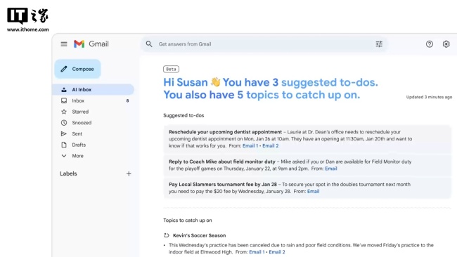 谷歌将 Gemini AI 助理引入 Gmail，可提供对话摘要、问答等功能