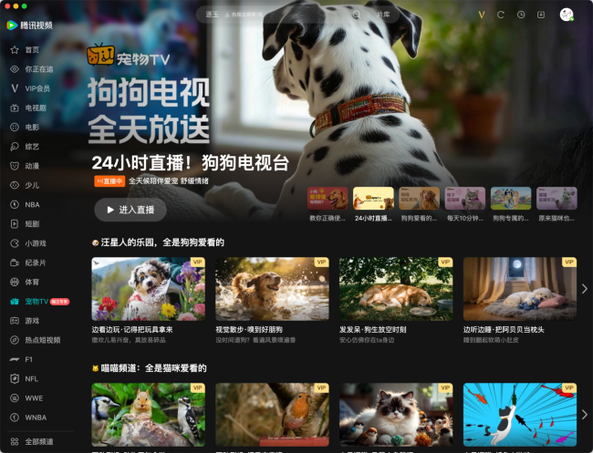腾讯视频宠物 TV 频道开启试运营，专给猫、狗看