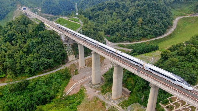 一列动车组列车驶过贵州安六高铁彭家冲一号大桥