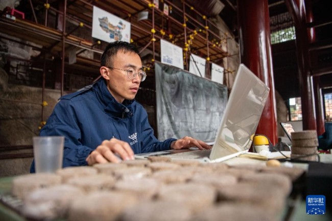 　　11月12日，修缮工程现场技术员王玉超在整理、分析检测数据。新华社记者 唐奕 摄