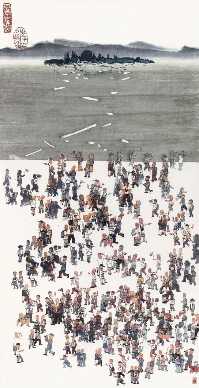 方利民 《黄金周》水印木刻 138cm×69cm 2011年