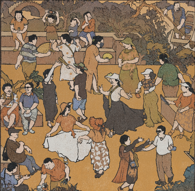 张春霞  《兴庆宫的周末舞会之五》套色木刻 60×60cm  2022年