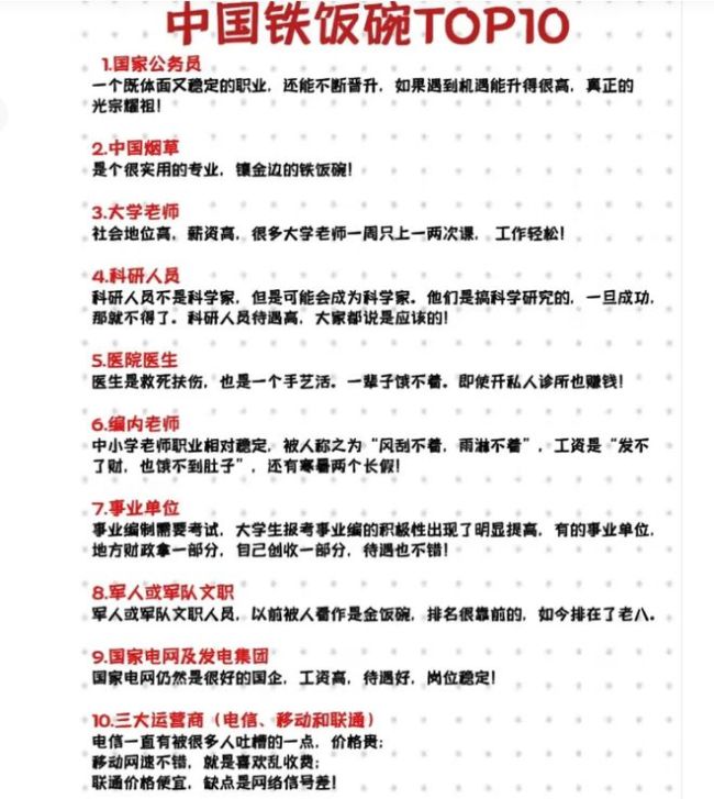 中国铁饭碗Top10又出新版本了！