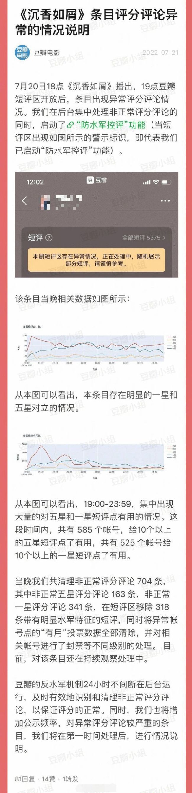 豆瓣回应沉香如屑评分评论异常:启动防水军功能