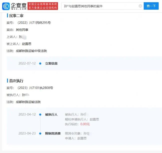 赵露思黑粉被限制高消费 曾因名誉权纠纷起诉孙某