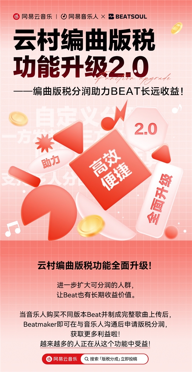 网易云音乐编曲版税分润功能2.0新升级，Beat作品也可获长远收益