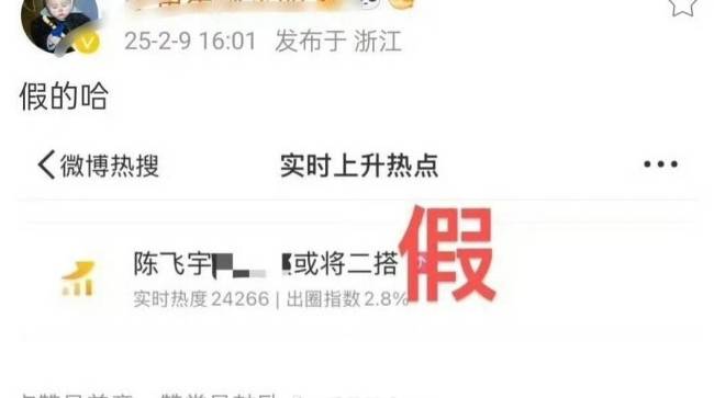 网传陈飞宇张婧仪将二搭？双方发文否认：假的哈