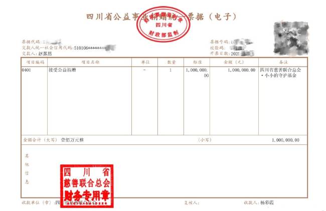 “小小的守护”基金感谢赵露思捐款100万元