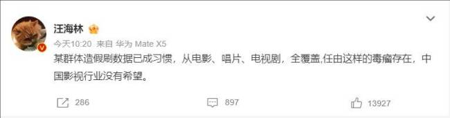 汪海林吐槽群体造假刷数据 直言中国影视没有希望