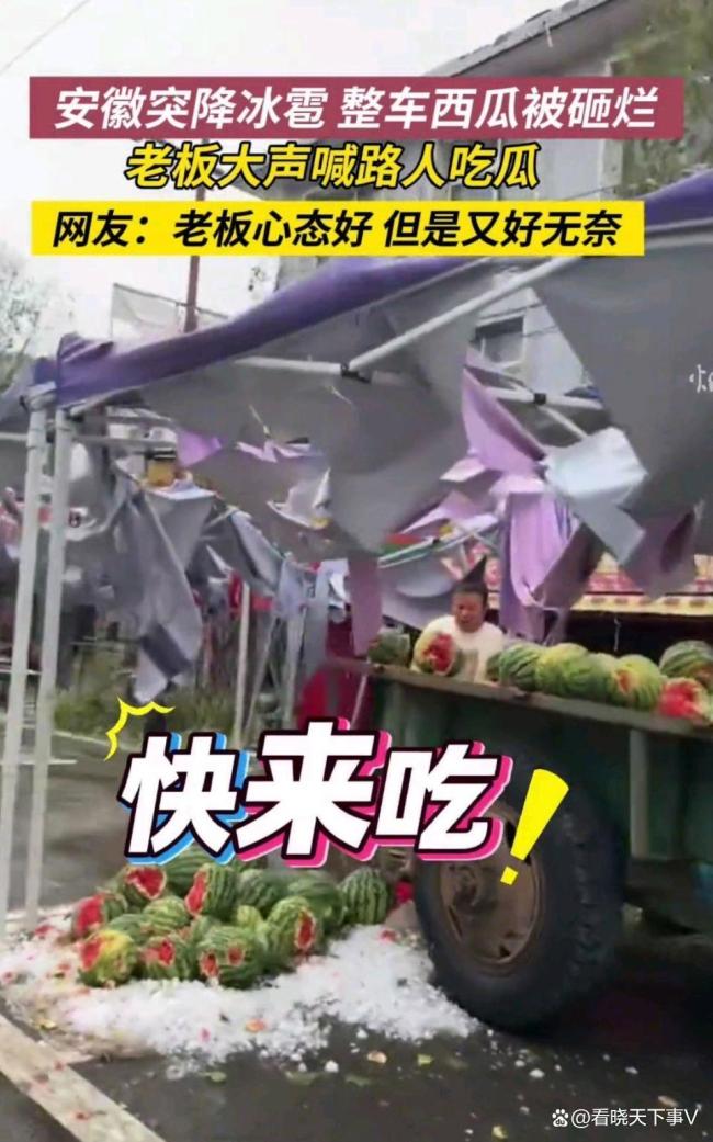 西瓜被冰雹砸烂老板喊人吃瓜