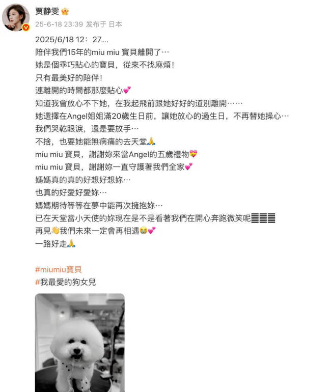 贾静雯晒家人合照为梧桐妹庆祝20岁生日