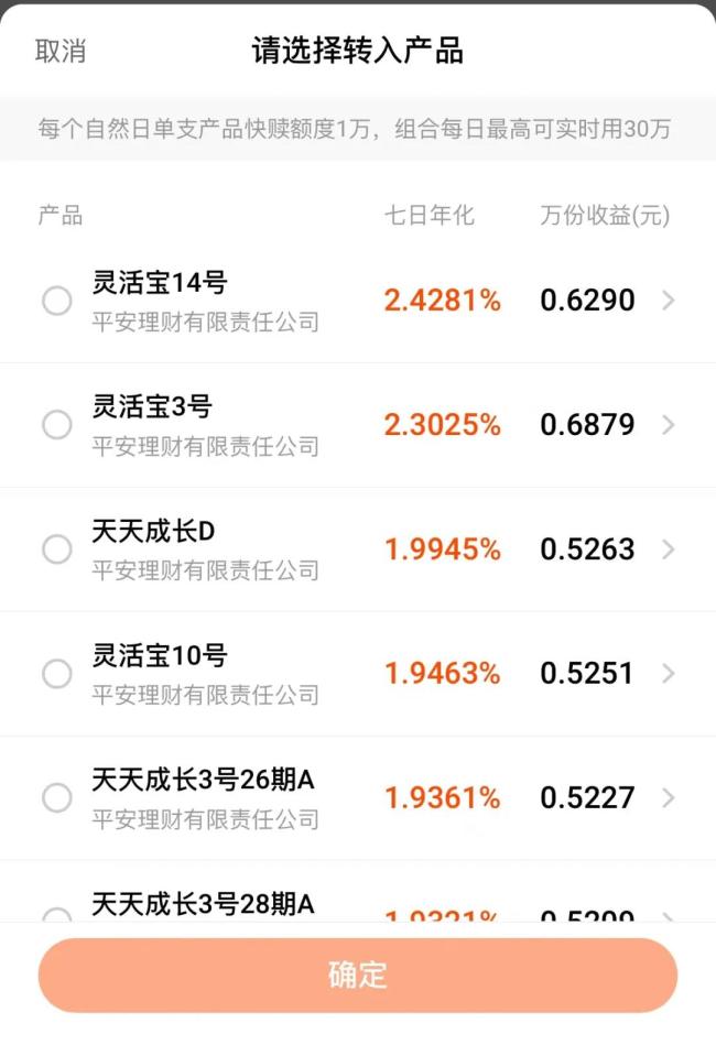 ▲（部分“灵活宝”产品收益率。图源/平安银行App）