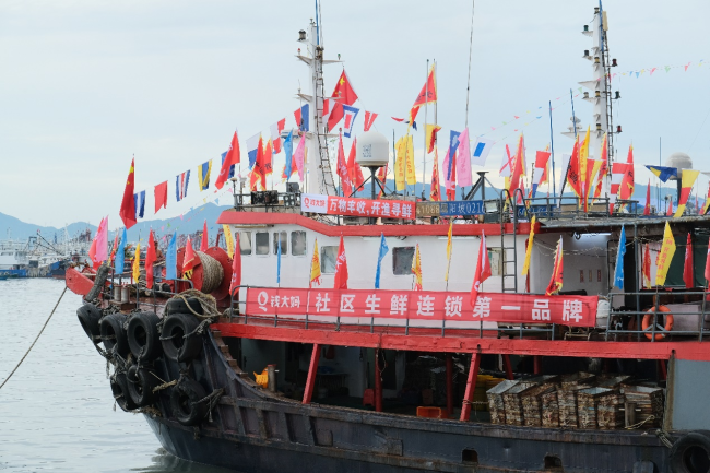 钱大妈的渔船在海陵岛的碧波中破浪前行