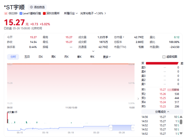 *ST宇顺开盘涨停