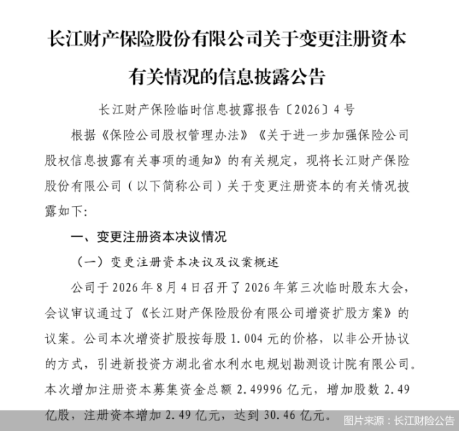 长江财险启动第三轮增资！总经理悬而未决，负债端承压依旧