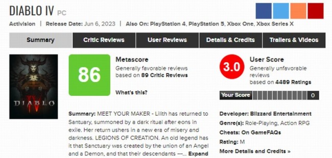 《暗黑破坏神4》新更新让众多玩家不满 涌入M站打差评