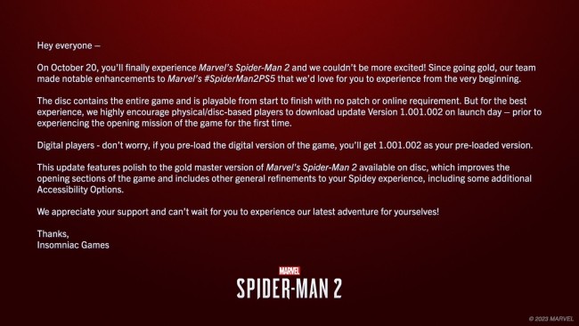 失眠組建議《漫威蜘蛛俠2》實體版玩家下載更新補丁 以獲得最佳體驗