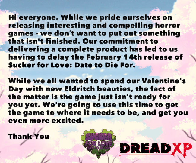 克苏鲁恋爱模拟游戏《爱的吸盘：死亡约会》宣布延期发售