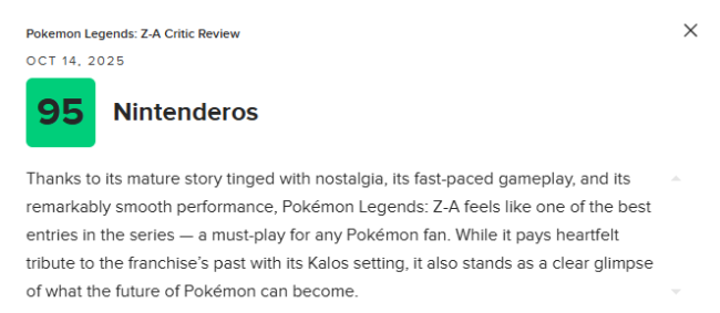 《宝可梦传说 Z-A》M站均分81:目前最出色的宝可梦游戏!