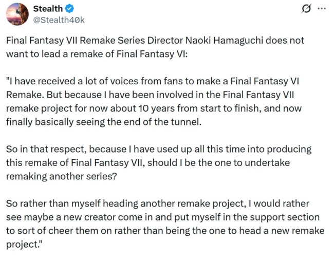 滨口直树：新员工最喜欢《FF13》 不会主导《最终幻想6：重制版》